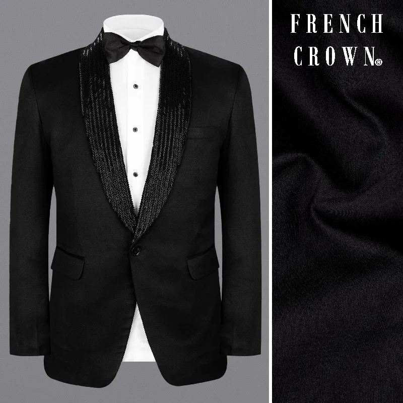 Jade Black Subtle Sheen Wool Rich Hand Crafted Designer Tuxedo Blazer Sharp Men's Italian