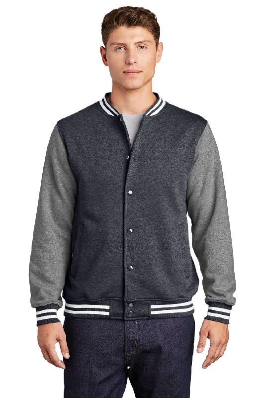 Sport-Tek Mens Snap Down Fleece Letterman Jacket - Heather Graphite Grey/Heather Vintage Grey/White Earthy Men's Hemp