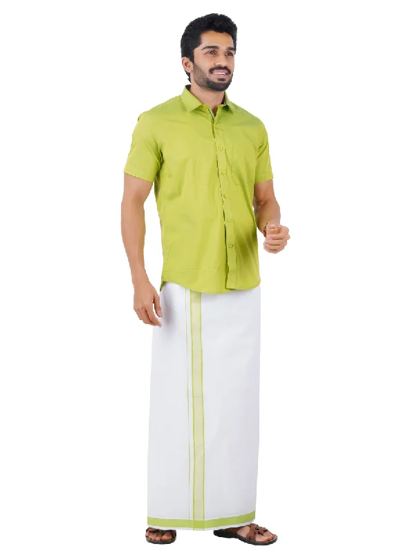 Men Fancy Border Dhoti & Half Sleeves Shirt Set Green G112 Stylish Men's Tropical 