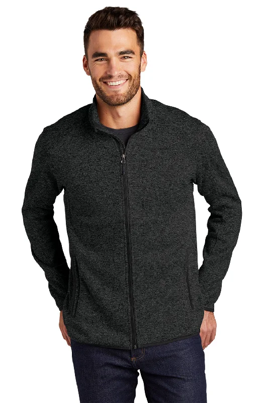 Port Authority Mens Full Zip Sweater Fleece Jacket - Heather Black Dynamic Men's Moto