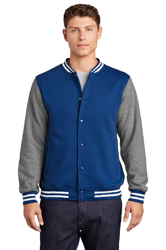 Sport-Tek Mens Snap Down Fleece Letterman Jacket - True Royal Blue/Heather Vintage Grey/White Youthful Men's Pop