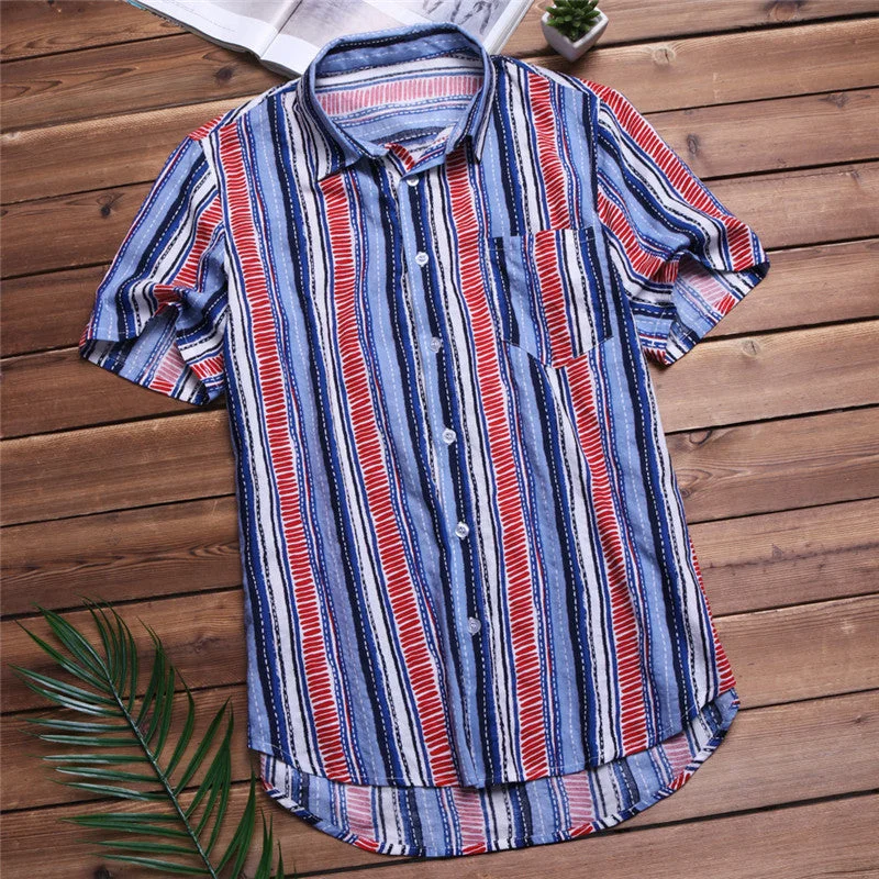 5XL Men's Shirts Short Sleeve Dress Shirt Striped Cotton Shirt Loose Turn Down Collar Hombre Camisa Hawaiian Clothes Trendy Men's Scandinavian