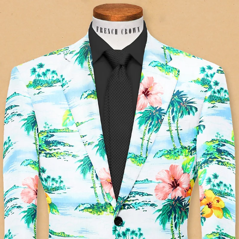 White Based Colorful Tropical Print Designer Blazer Bold Men's Statement