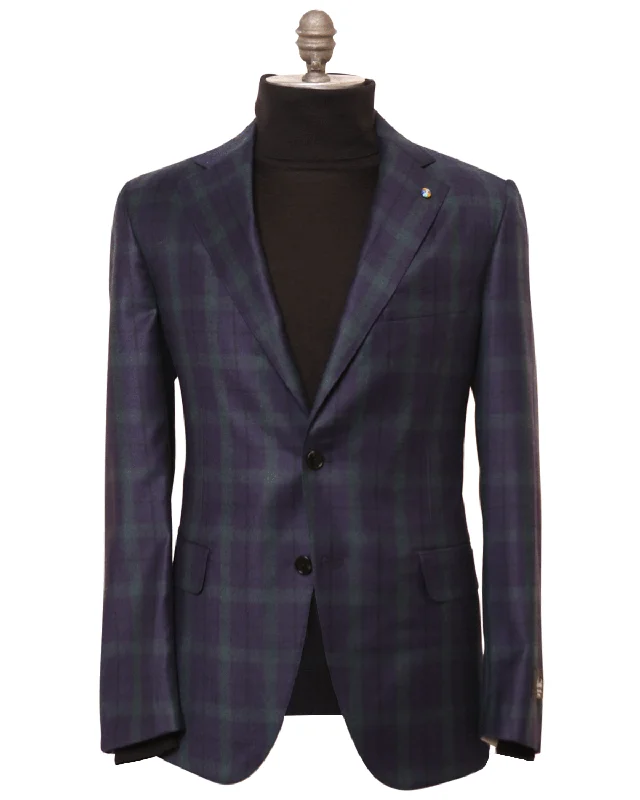 Navy and Green Plaid Soft Wool Sportcoat Refined Men's Velvet