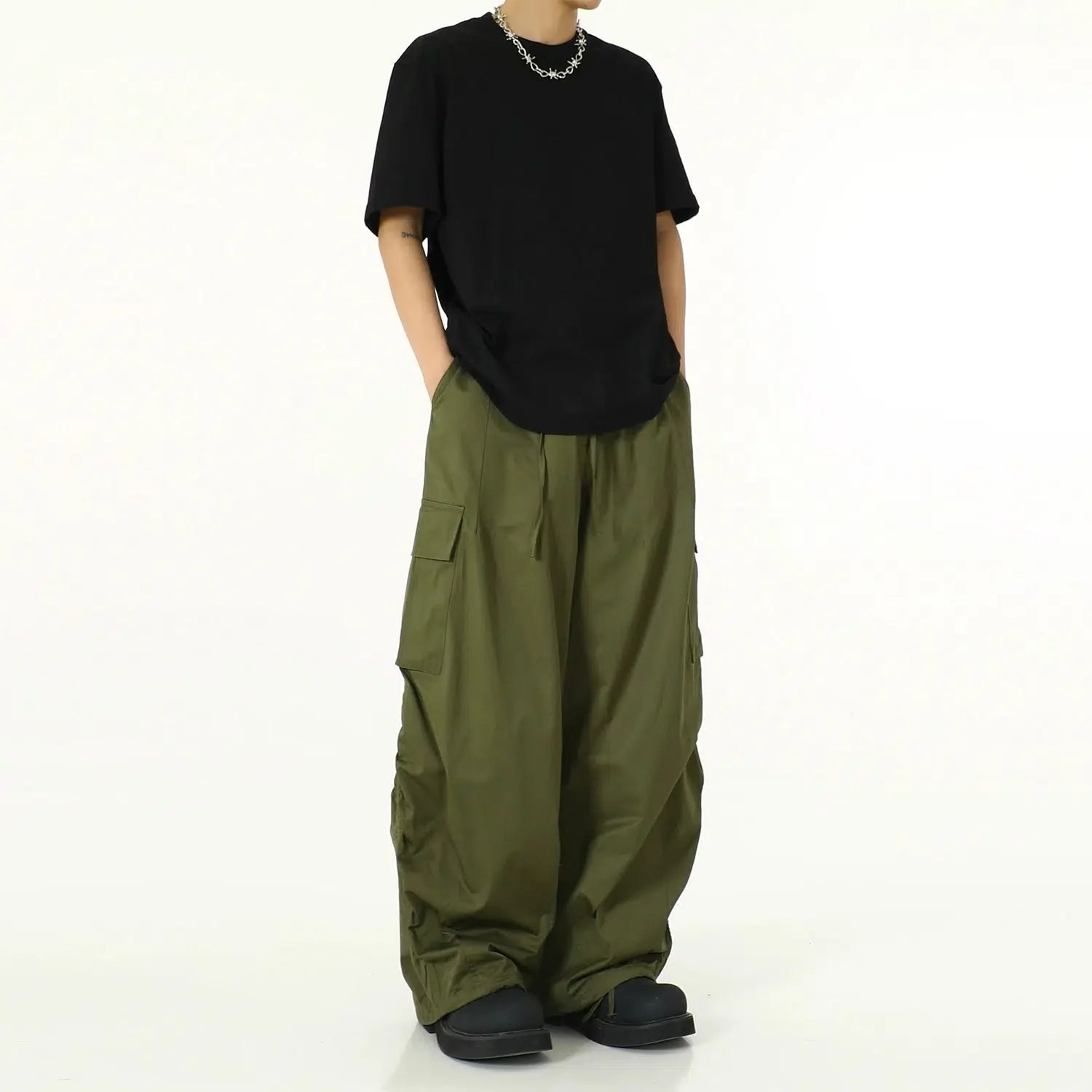 Solid Color Wide Cut Parachute Cargo Pants Youthful Men's Anime