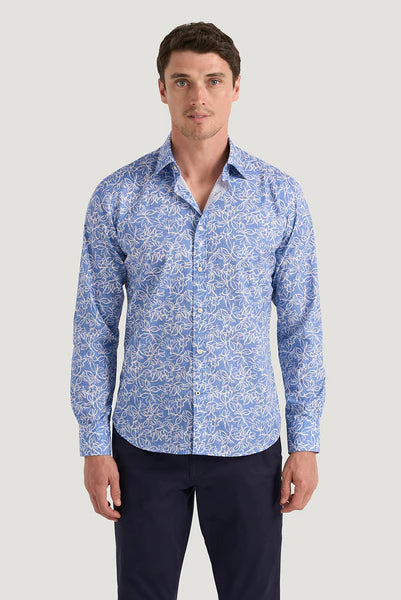 M.J. Bale - Notre Dame Print Shirt - Azure Blue White Edgy Men's Punk