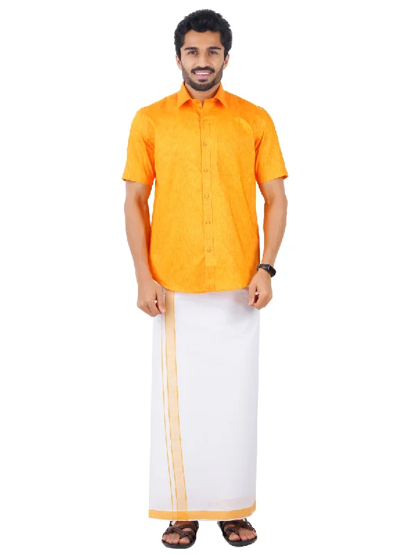 Men Matching Border Dhoti & Shirt Set Half Yellow C33 Bohemian Men's Free