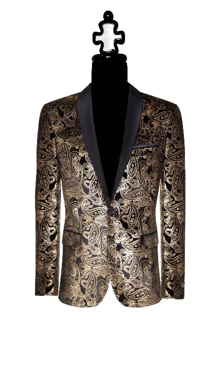 Premium Gold Paisley Floral Black Tuxedo with Silk Lapel Monochromatic Office Style