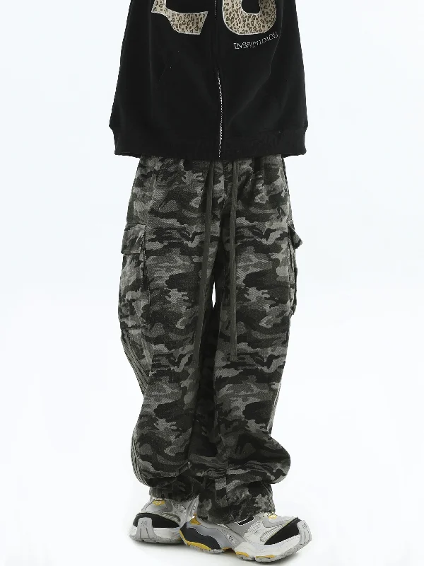 Drawstring Three-Bar Camo Cargo Pants Polished Men's Satin