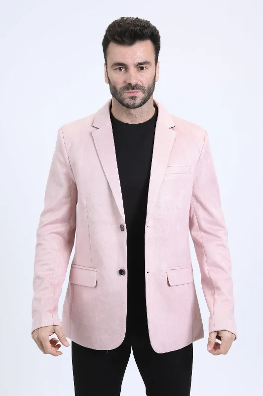 Men's Double Button Pink Faux-Suede Blazer Monochromatic Office Style