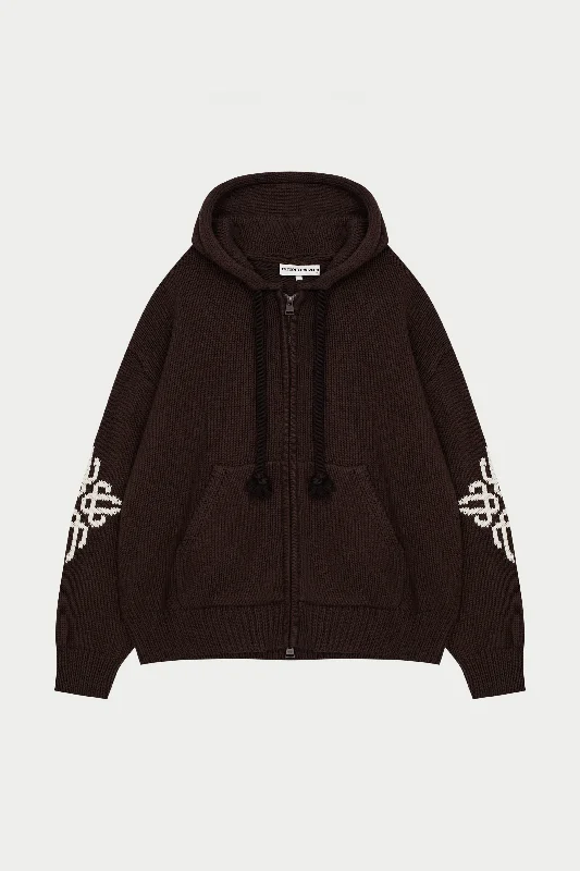 CHUNKY KNIT EMBLEM ZIP THROUGH HOODIE - CHOCOLATE Sporty Men's Tennis