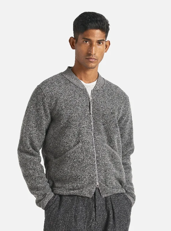 Universal Works Zip Bomber in Grey Marl Wool Fleece Confident Men's Power