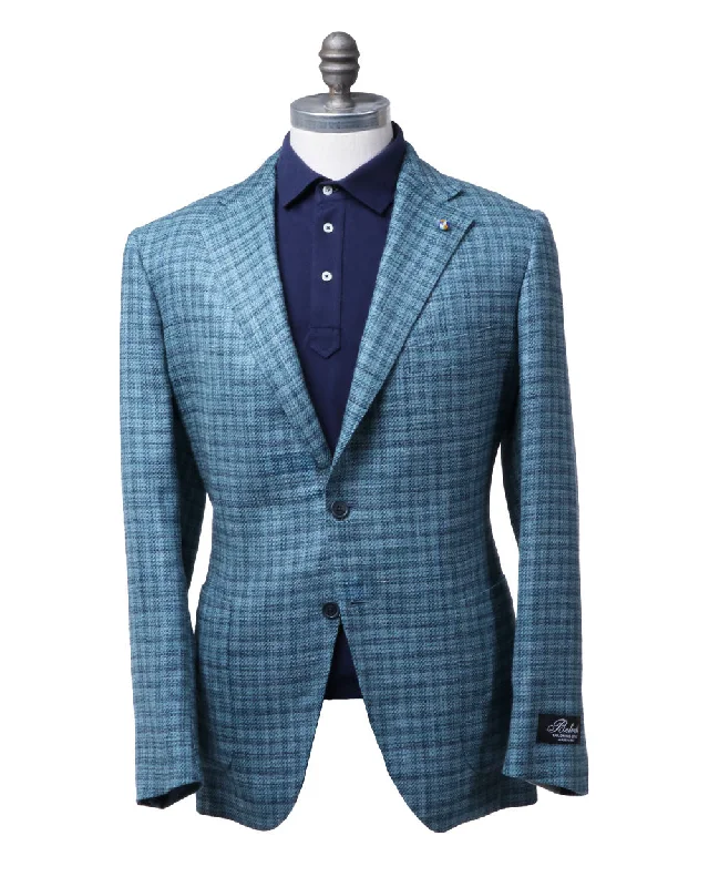 Sky and Mid Blue Plaid Sportcoat Trendy Men's Scandinavian