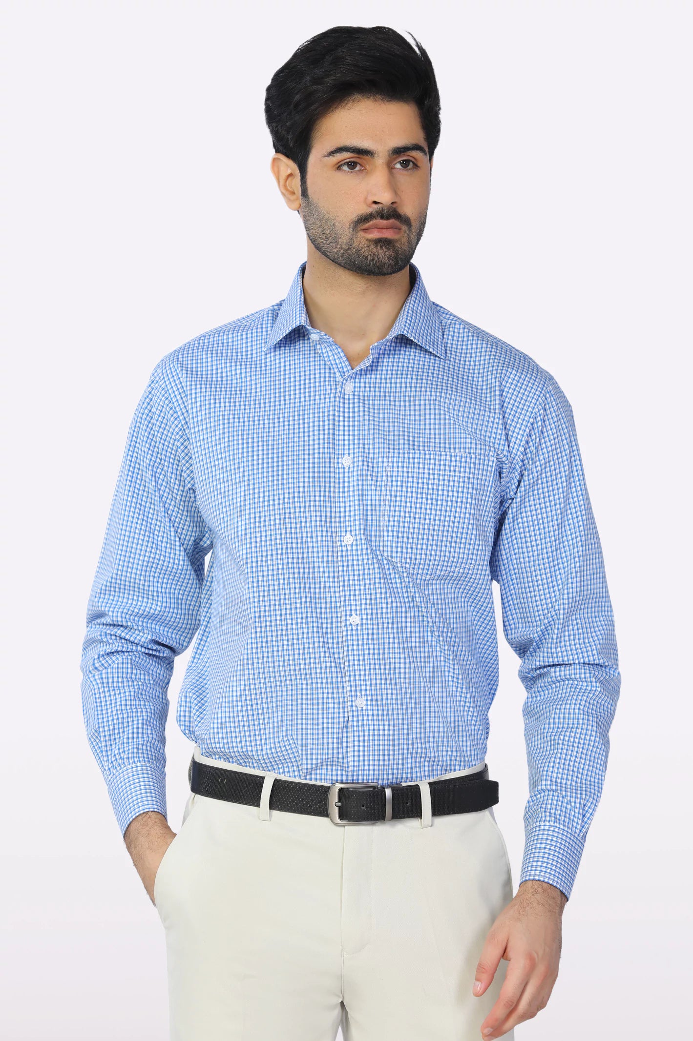 Blue Mini Check Formal Shirt Polished Men's Satin