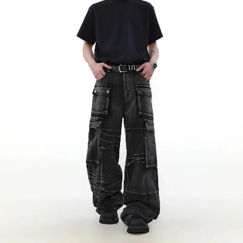 Washed Embroidered Cargo Jeans British Gentleman Style