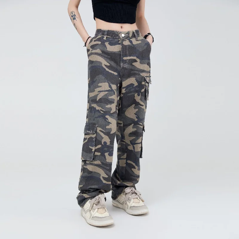 Flap Pocket Camouflage Cargo Pants Monochromatic Office Style