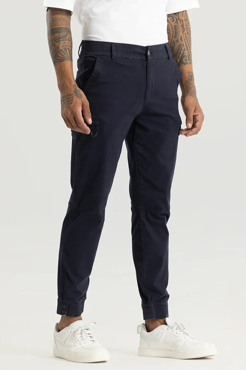 Enchant Navy Plain Slim Fit Cargo Pants Confident Men's High