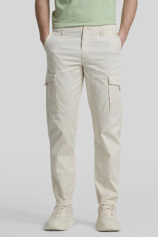 Cream Slim Fit Cargo Pants Laid