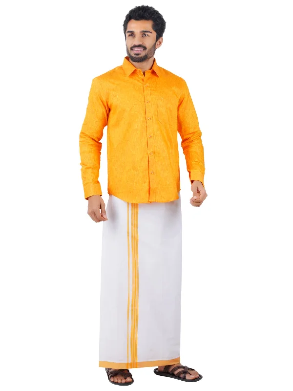 Men Matching Border Dhoti & Shirt Set Full Yellow C33 Dapper Men's Bow