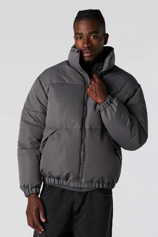 Mock Neck Puffer Jacket Trendy Men's Bucket