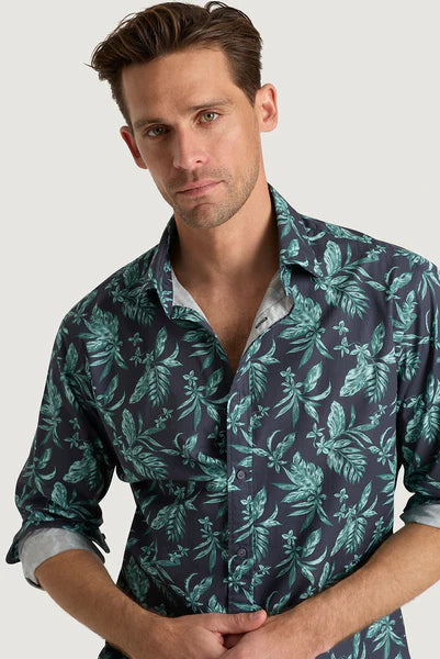 M.J. Bale - Paseo Printed Shirt - Vintage Green Navy Elegant Men's Cashmere