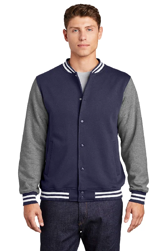 Sport-Tek Mens Snap Down Fleece Letterman Jacket - True Navy Blue/Heather Vintage Grey/White Tailored