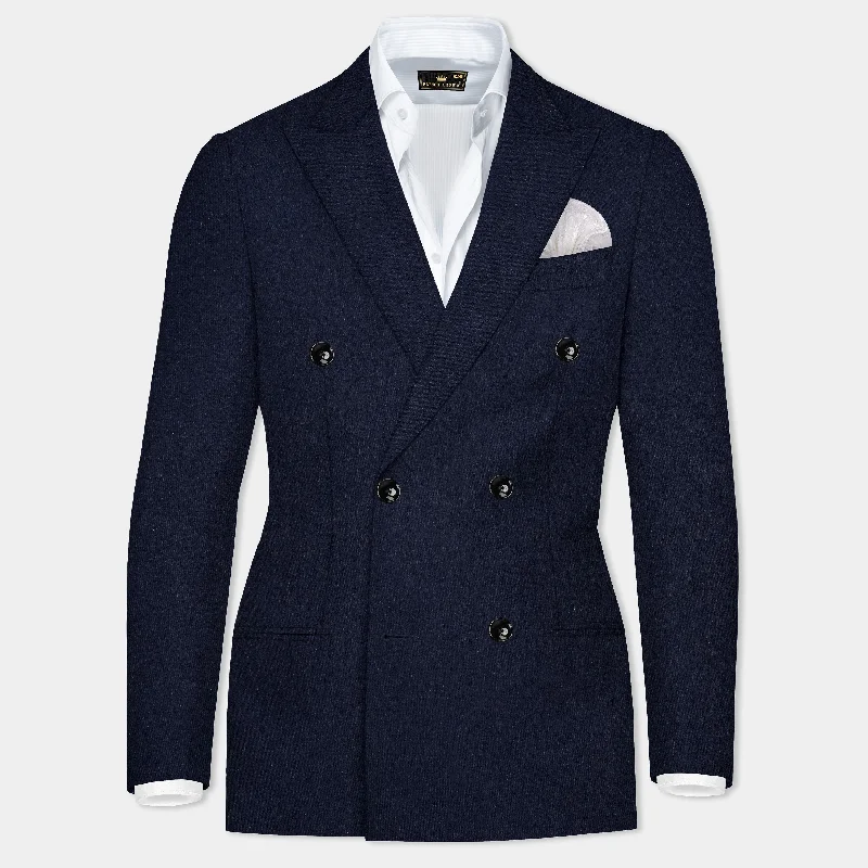 Navy Diamond Textured Wool Rich Double Breasted Blazer Beach