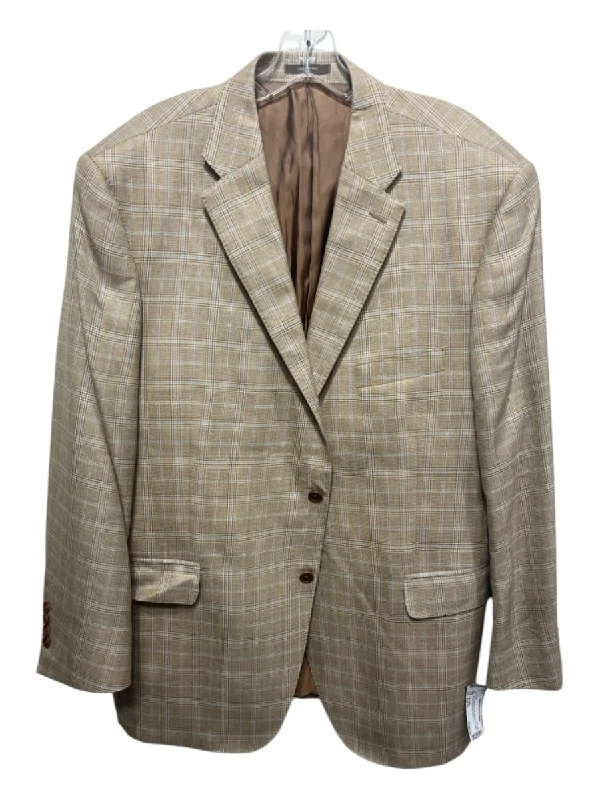 Peter Millar Tan & Light Blue Print Wool Blend Plaid 2 Button Men's Blazer Casual Men's Loose