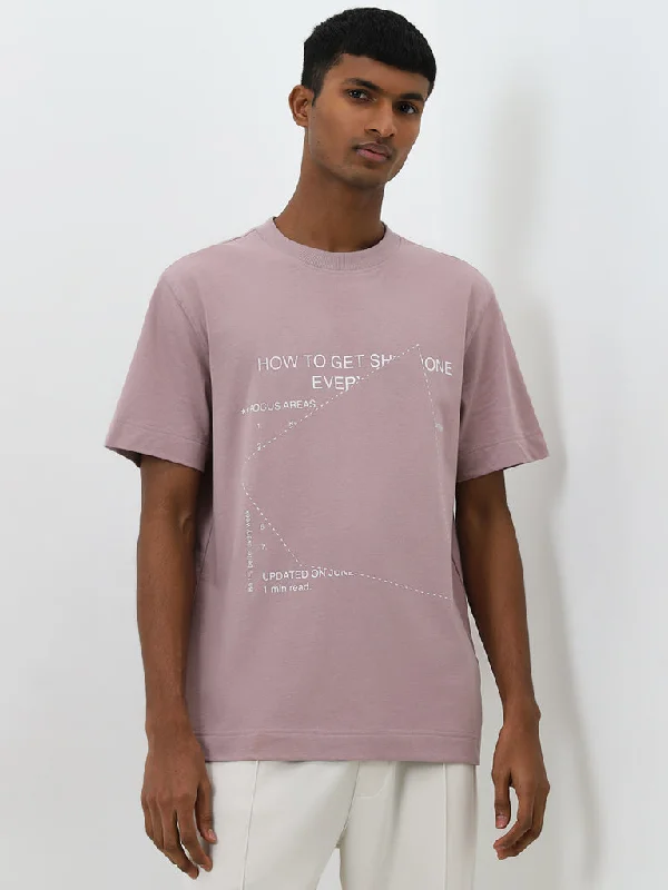 Studiofit Dusty Pink Text Design Relaxed-Fit T-Shirt Youthful Men's Pop