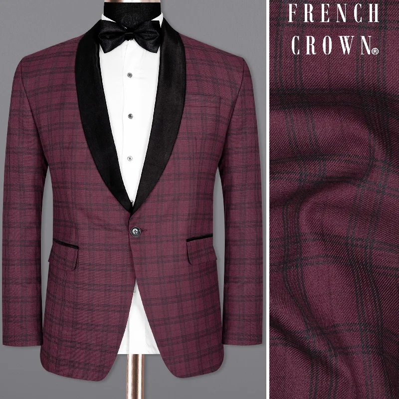 Eggplant Red Plaid Wool Rich Tuxedo Blazer Relaxed Men's Beach