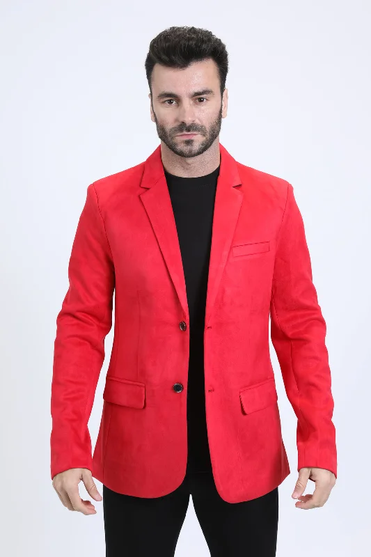 Men's Double Button Red Faux-Suede Blazer Sleek Men's Contemporary 