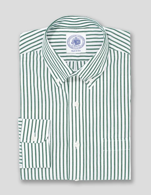 HUNTER GREEN/WHITE BUTCHER STRIPE BROADCLOTH DRESS SHIRT Laid