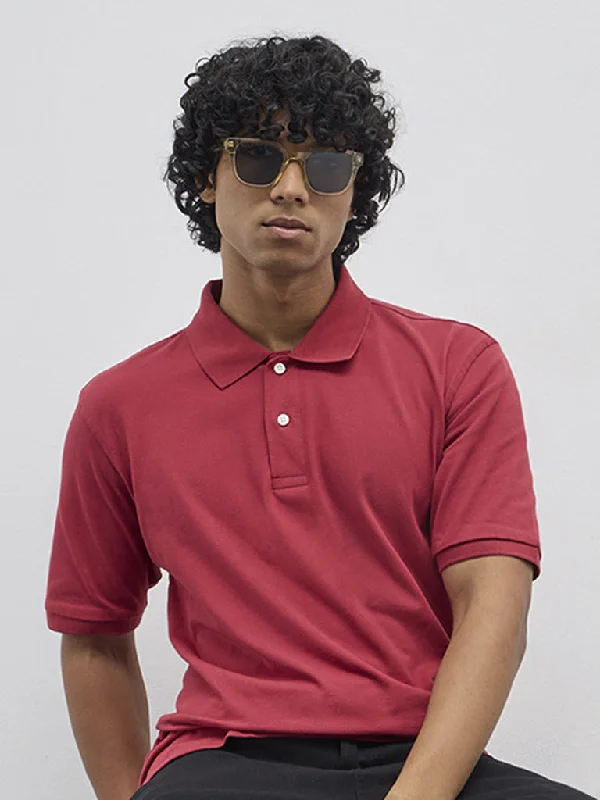 WES Casuals Red Solid Slim-Fit Cotton Blend Polo T-Shirt Athletic Men's High