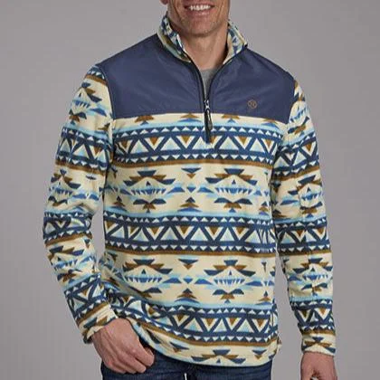 Roper Men's Aztec 1/4 Zip Micro Fleece Pullover in Navy & Cream Rugged Men's Outdoor 