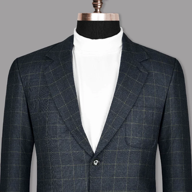 Charcoal with Thin Yellow Windowpane Wool Rich Blazer Vintage Men's 1970S Disco