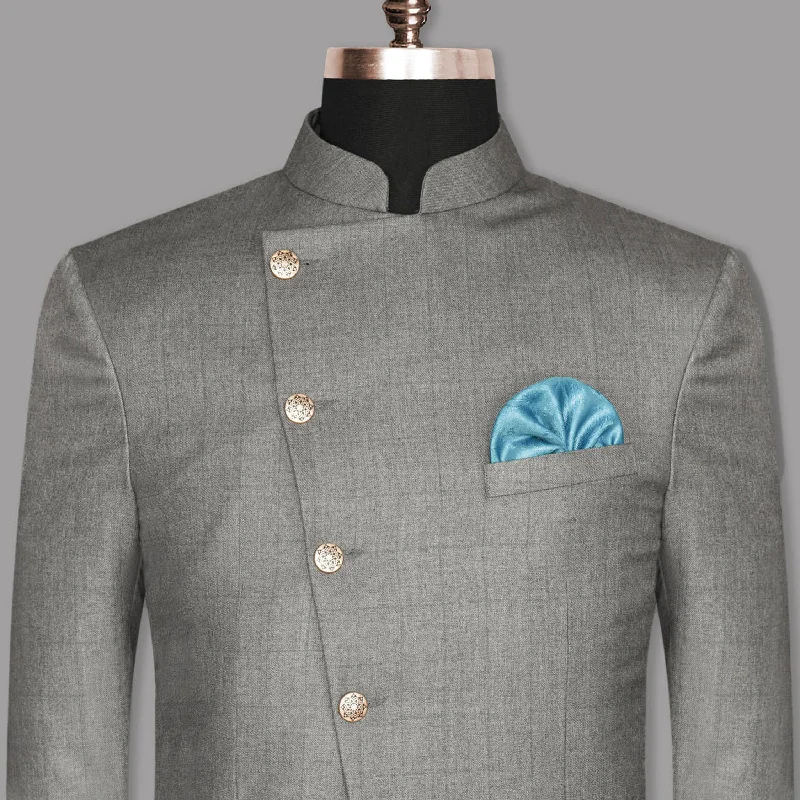 Fog Grey textured Cross Placket Bandhgala/Mandarin Wool-Silk blend Blazer Earthy Men's Sustainable 