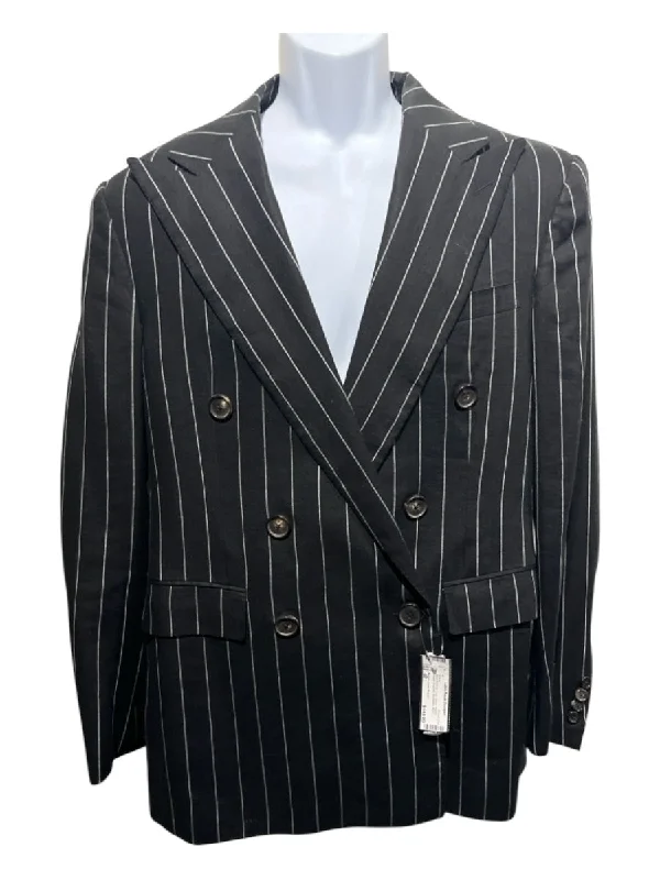 Ralph Lauren Purple Black & White Linen Blend Striped Double Breasted Blazer Confident Men's Power