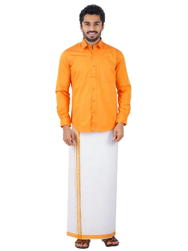 Men Fancy Border Dhoti & Shirt Set Full Sleeves Orange G107 Stylish Men's Neon