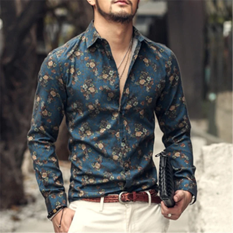 2019 autumn new fashion flower printed long sleeve shirts men camisa male slim flower shirts vintage Linen Casual Men Shirt Laid