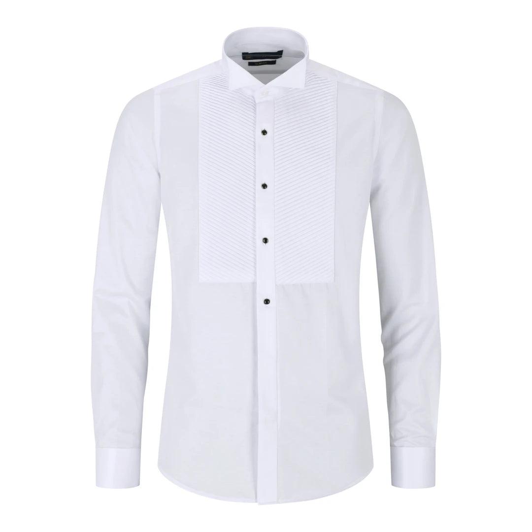 Mens Wing Collar White Shirt Pleated Tuxedo Double Cuff Slim Fit Satin Cotton Sophisticated Men's French