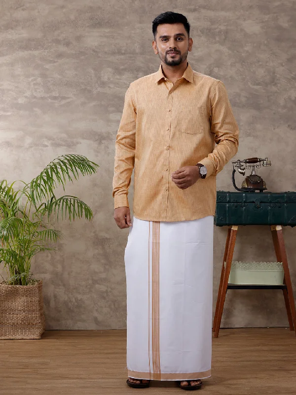 Mens Matching Border Dhoti & Shirt Set Full Mustard C1 Elegant Men's Cashmere