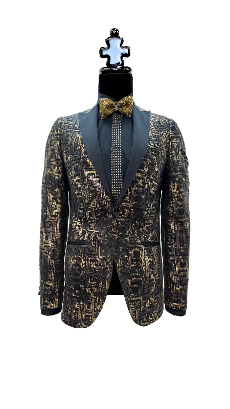 Exquisite Gold Square Pattern Black Tuxedo with Silk Lapel Bohemian Men's Free