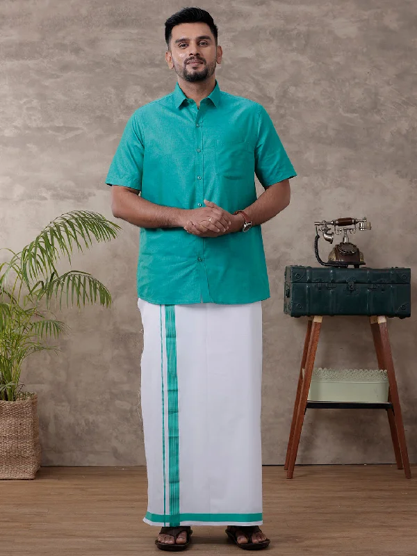 Men Matching Border Dhoti & Shirt Set Half Green C36 Business