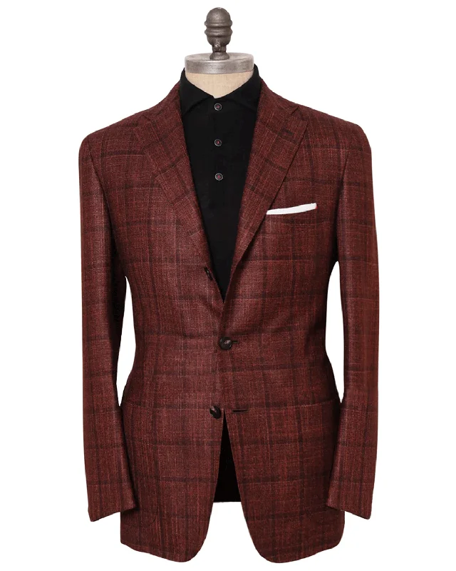 Kiton Rust and Burgundy Windowpane Cashmere Blend Sportcoat Traditional Men's Wool