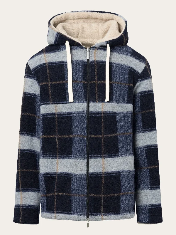 Teddy reversible zip hood jacket - blue check Casual Men's Loose