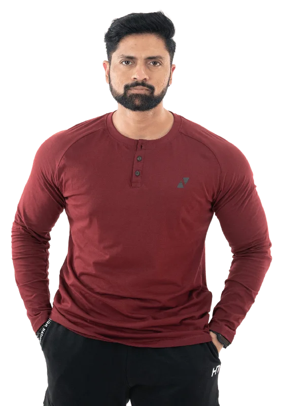 Maroon Full Sleeves Henley Tee Sporty Men's Tennis