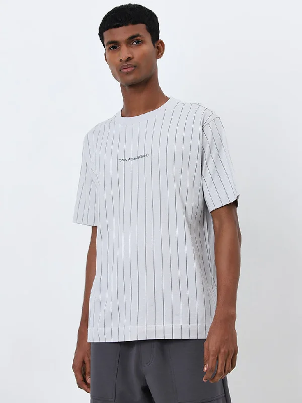 Studiofit Light Grey Striped Relaxed-Fit Cotton T-Shirt Dynamic Men's High