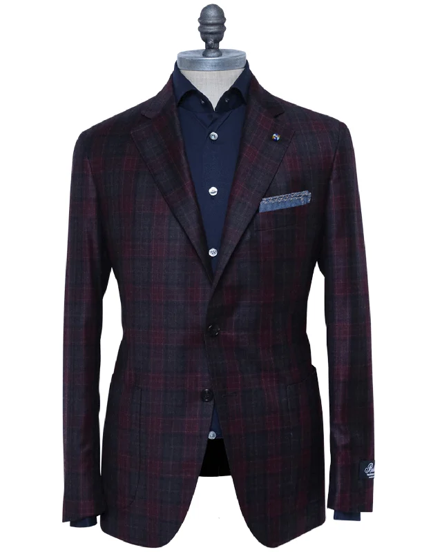 Red and Brown Windowpane Plaid Deconstructed Wool Sportcoat Sporty Men's Tennis