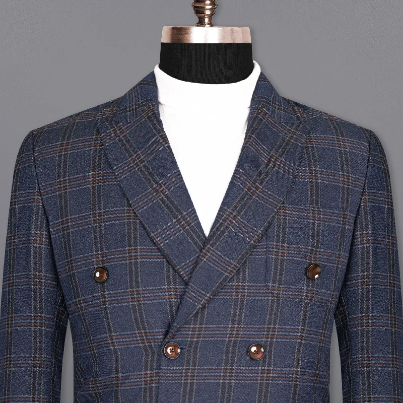 Licorice Blue Plaid heavyweight tweed Wool Rich Double Breasted Blazer Laid