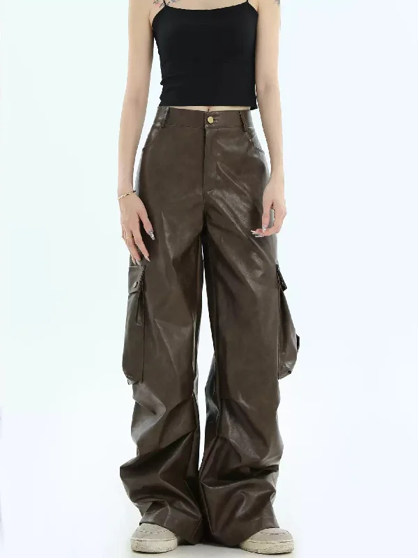 Wide Pocket PU Leather Cargo Pants Tailored